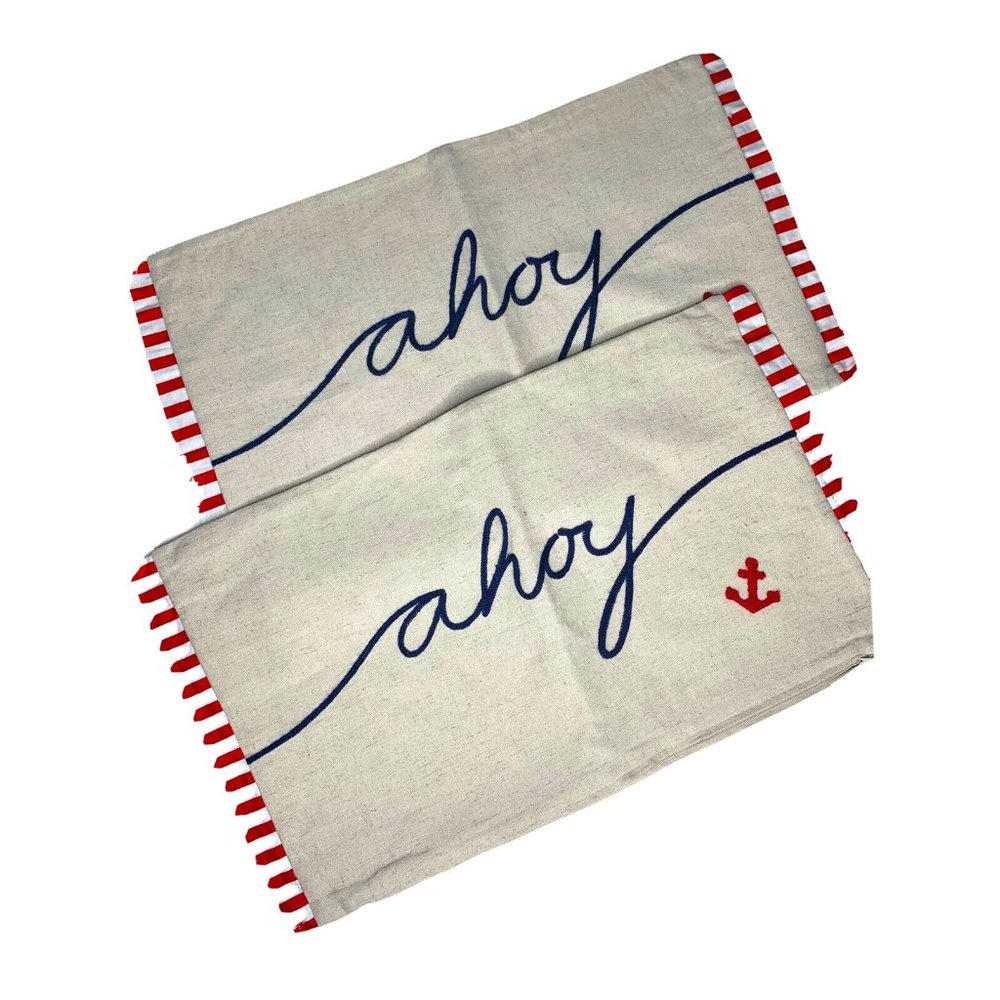 Ahoy Nautical Pillow Shams (2) Linen Blend NEW - Picture 1 of 6
